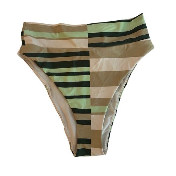 NWOT Aerie Women's Green & Tan Stripe High Cut Cheeky Bikini Bottom Size Medium - Picture 1 of 4